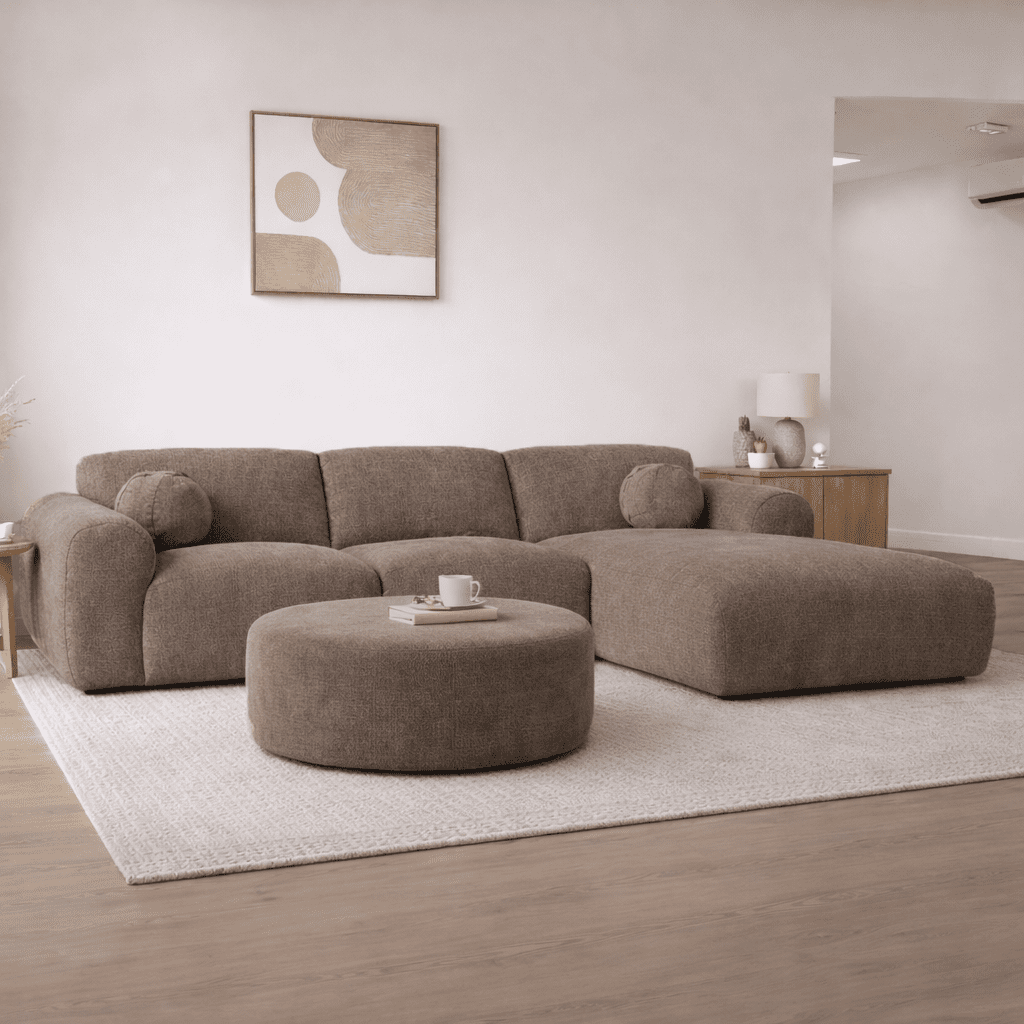 Corner sofa with chaise longue in taupe chenille fabric Shane – right