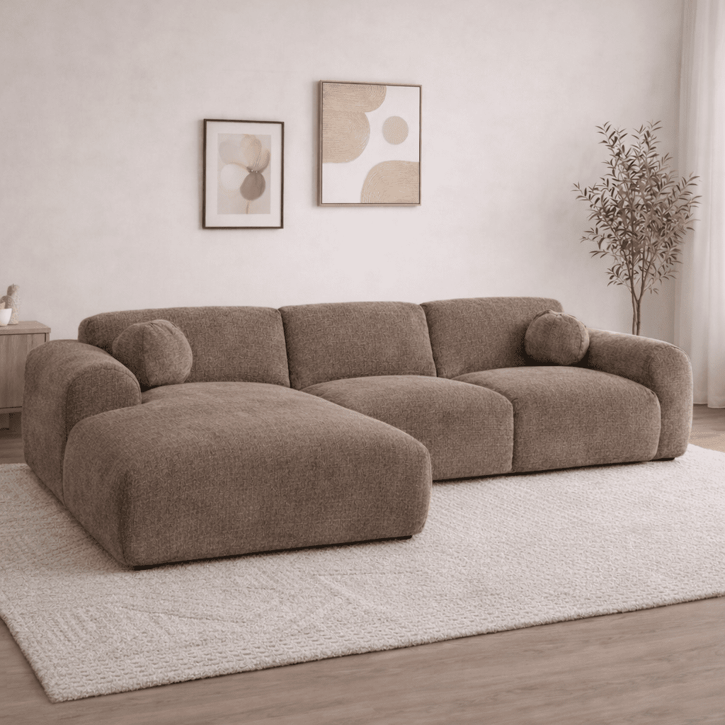 Corner sofa with chaise longue in taupe chenille fabric Shane – left