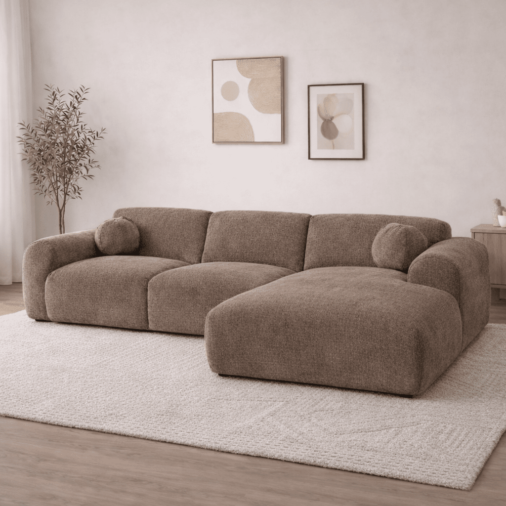 Corner sofa with chaise longue in taupe chenille fabric Shane – right