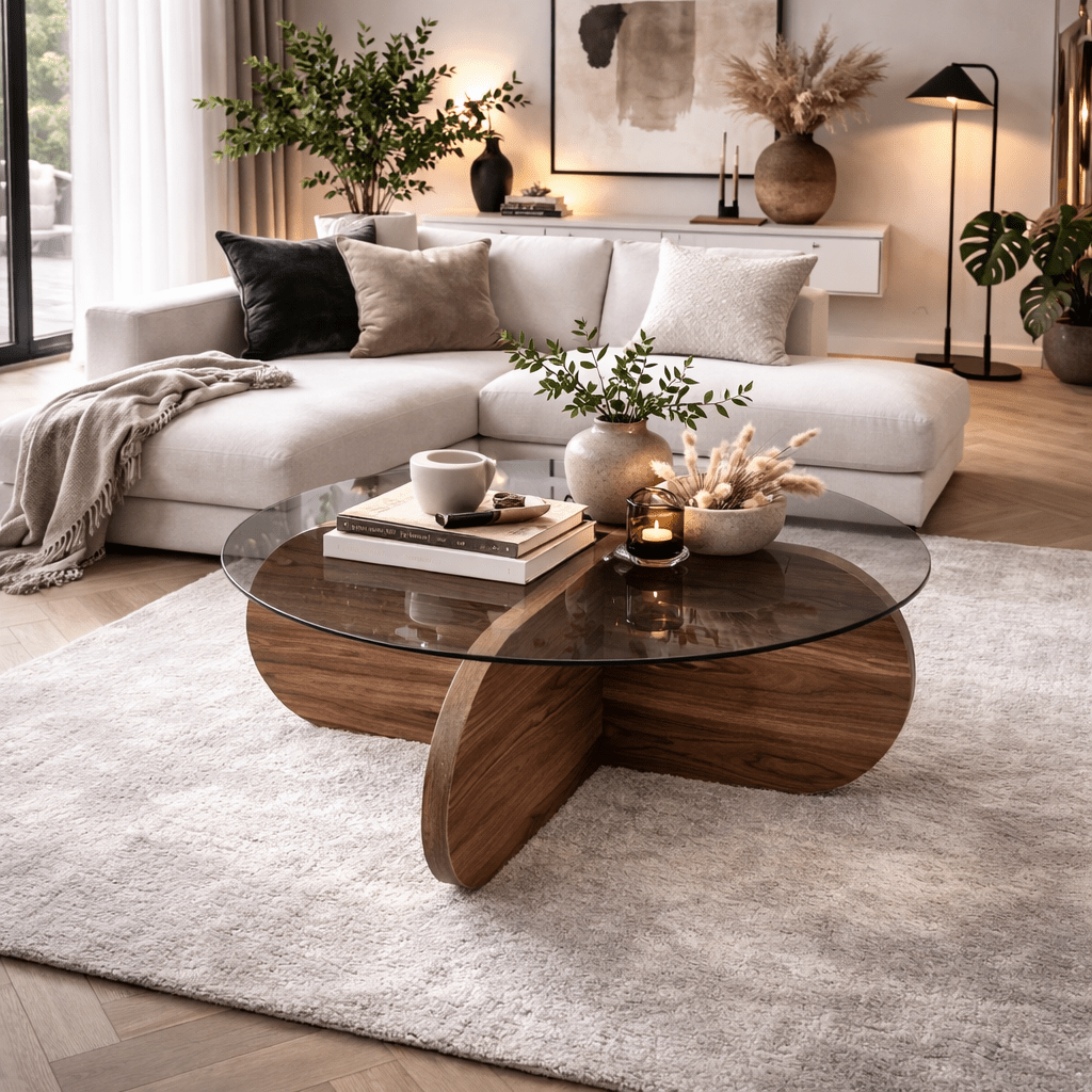 Round Coffee Table Glass Aris - Walnut Melamine Base