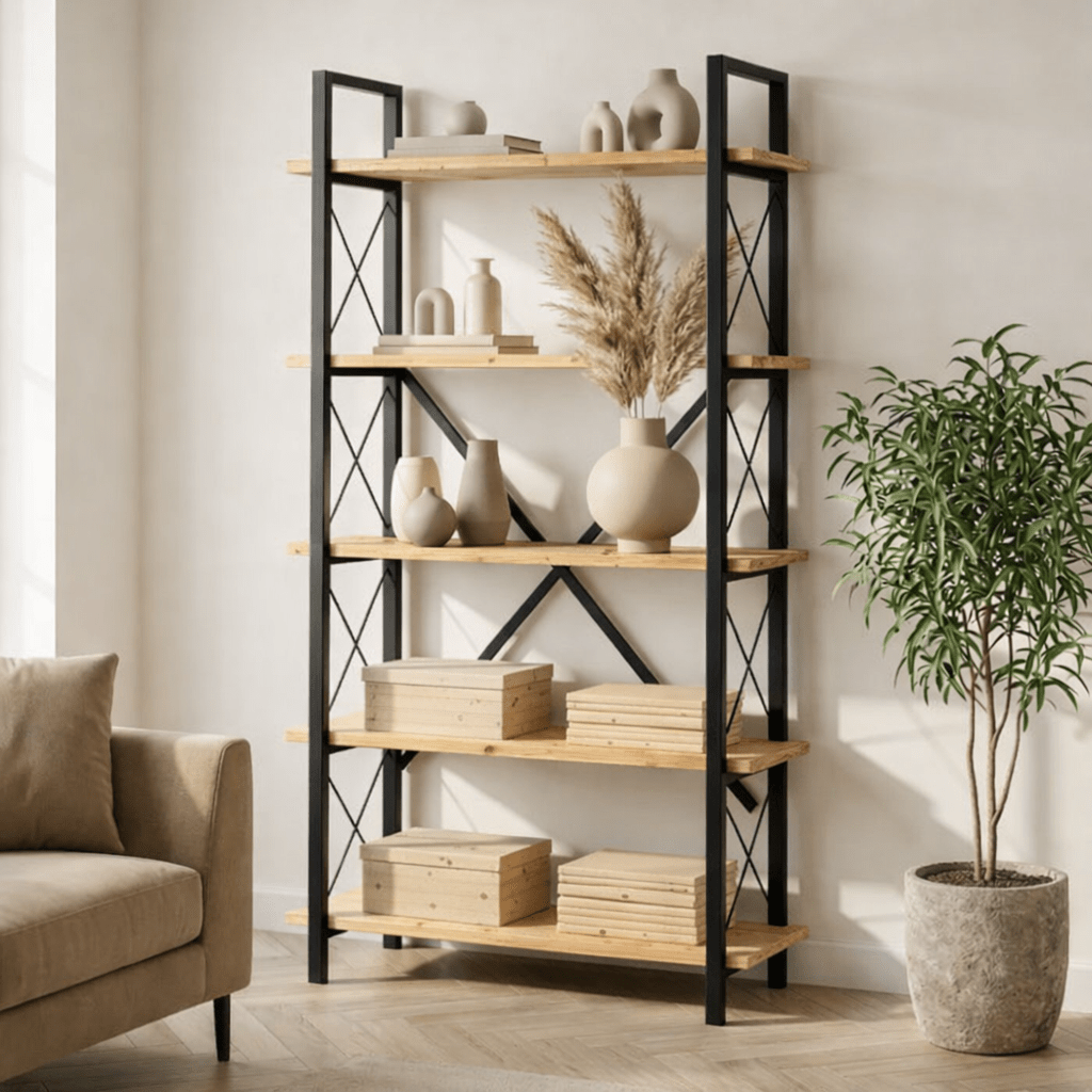 Industrial bookcase oak melamine Ely - black frame - 180x90 cm