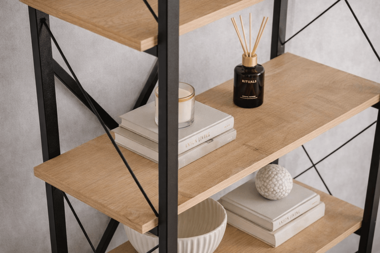 Industrial bookcase oak melamine Ely - black frame - 180x90 cm