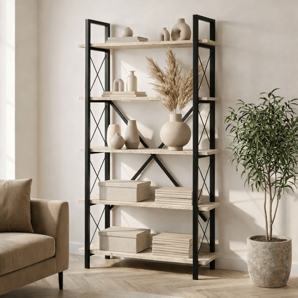 Industrial bookcase travertine melamine Ely - black frame - 180x90 cm