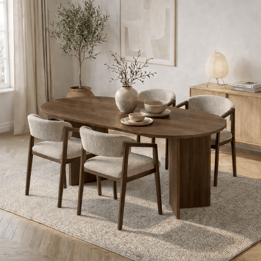 Japandi dining chair sand bouclé Kyo - walnut frame - with armrests