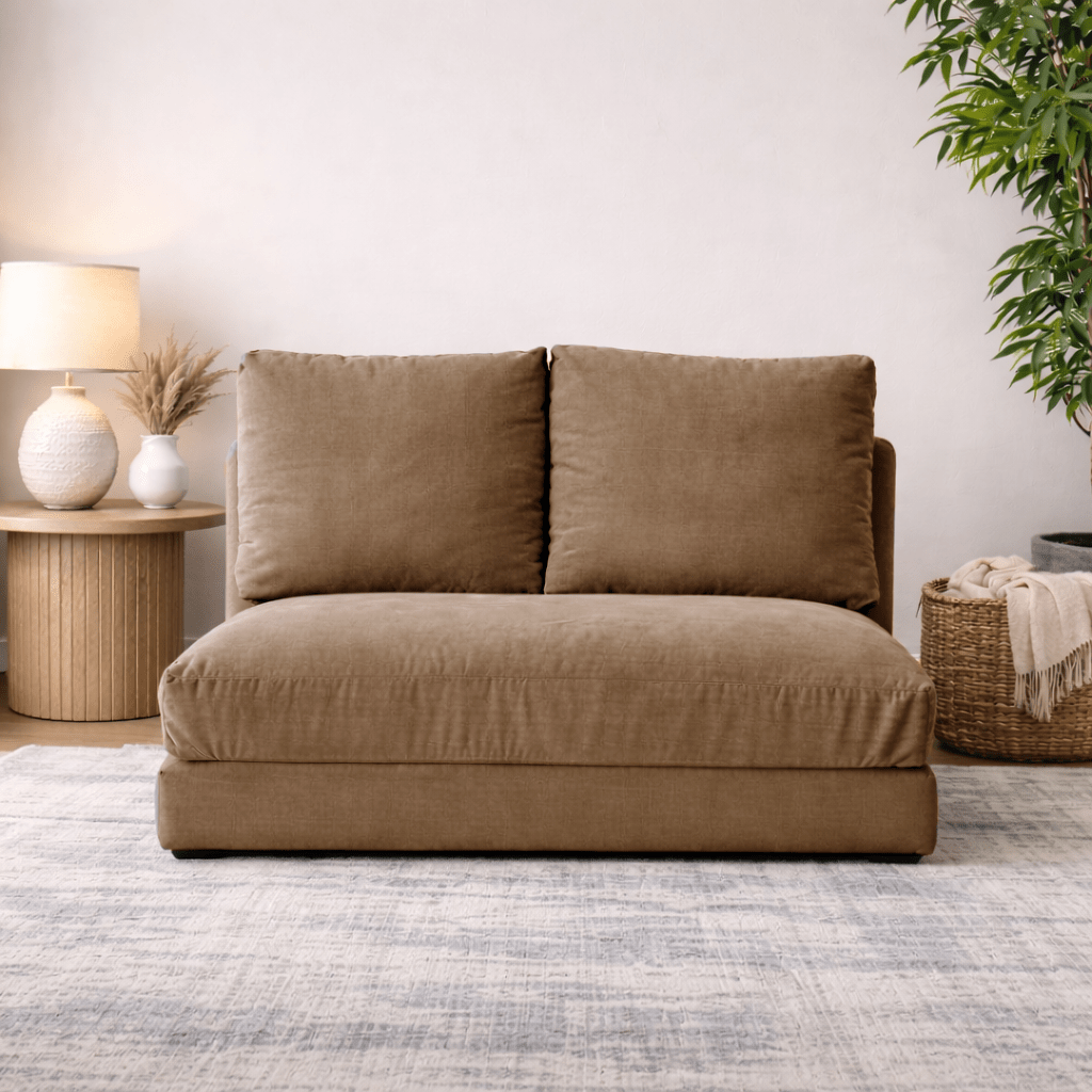 Sofa bed Japandi camel brown fabric 2-seater - low back and adjustable - Taida