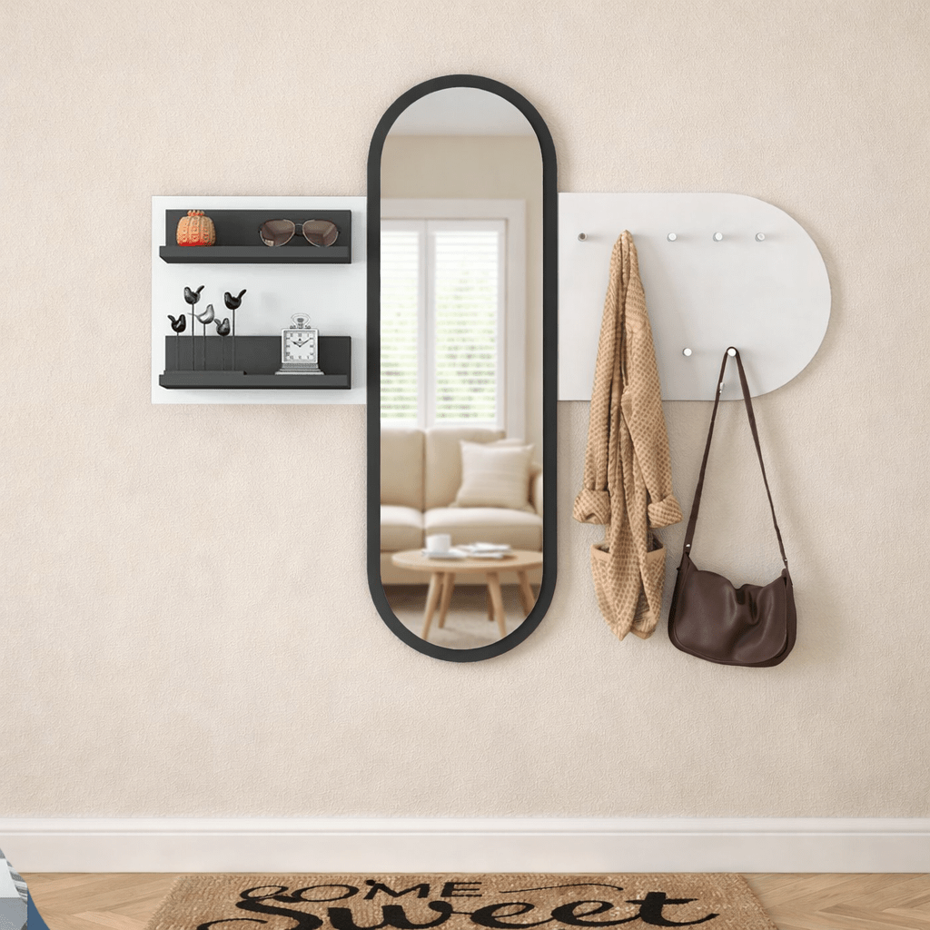 Coat Rack White Melamine 9-Hook - With Mirror - Two Shelves