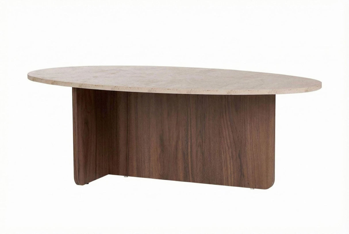 White photo pebble-shaped coffee table with a travertine-look top and walnut melamine base. Japandi design of 120x60cm.