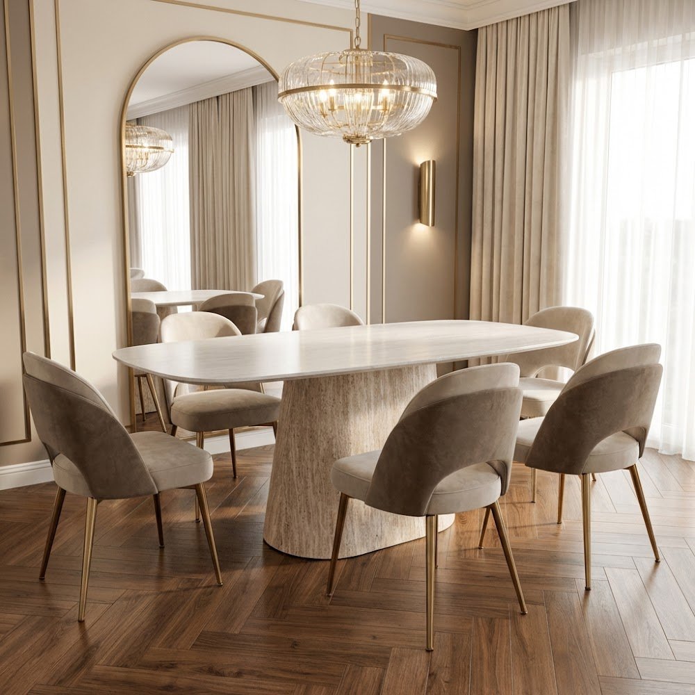 Sintered Stone Marble Look Travertine Dining Table Lea 180x90 cm - Danish Oval