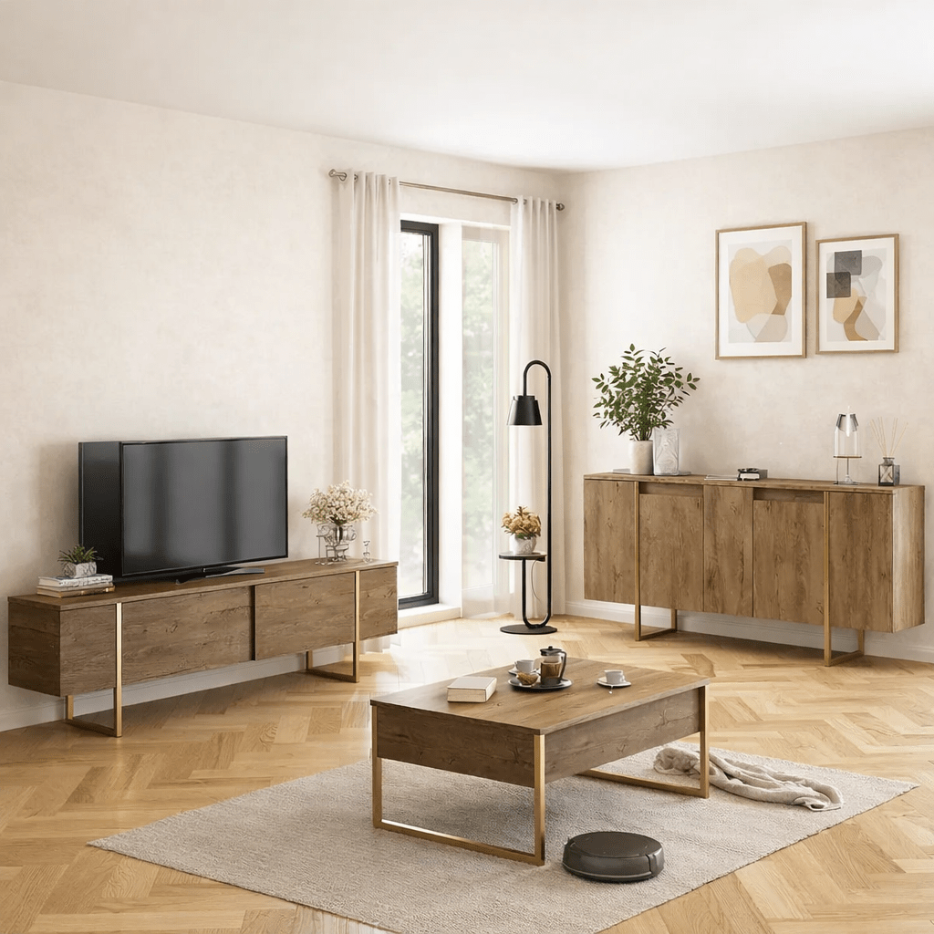 Furniture set Walnut Luxe - Coffee table + TV cabinet + sideboard - Gold frame