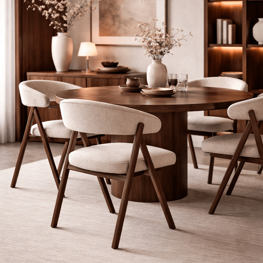 Eetkamerstoelen - Japandi eetkamerstoel zandkleur bouclé Miyu - walnoot frame - met armleuning - Dimehouse