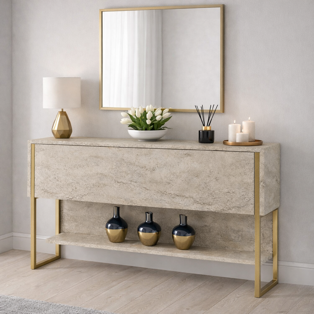 Modern Sideboard Travertine Luxury 120x80x30 - Golden Frame - One Compartment