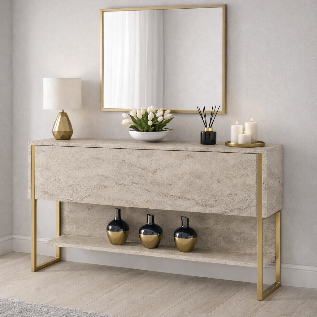 Modern Sideboard Travertine Luxury 120x80x30 - Golden Frame - One Compartment