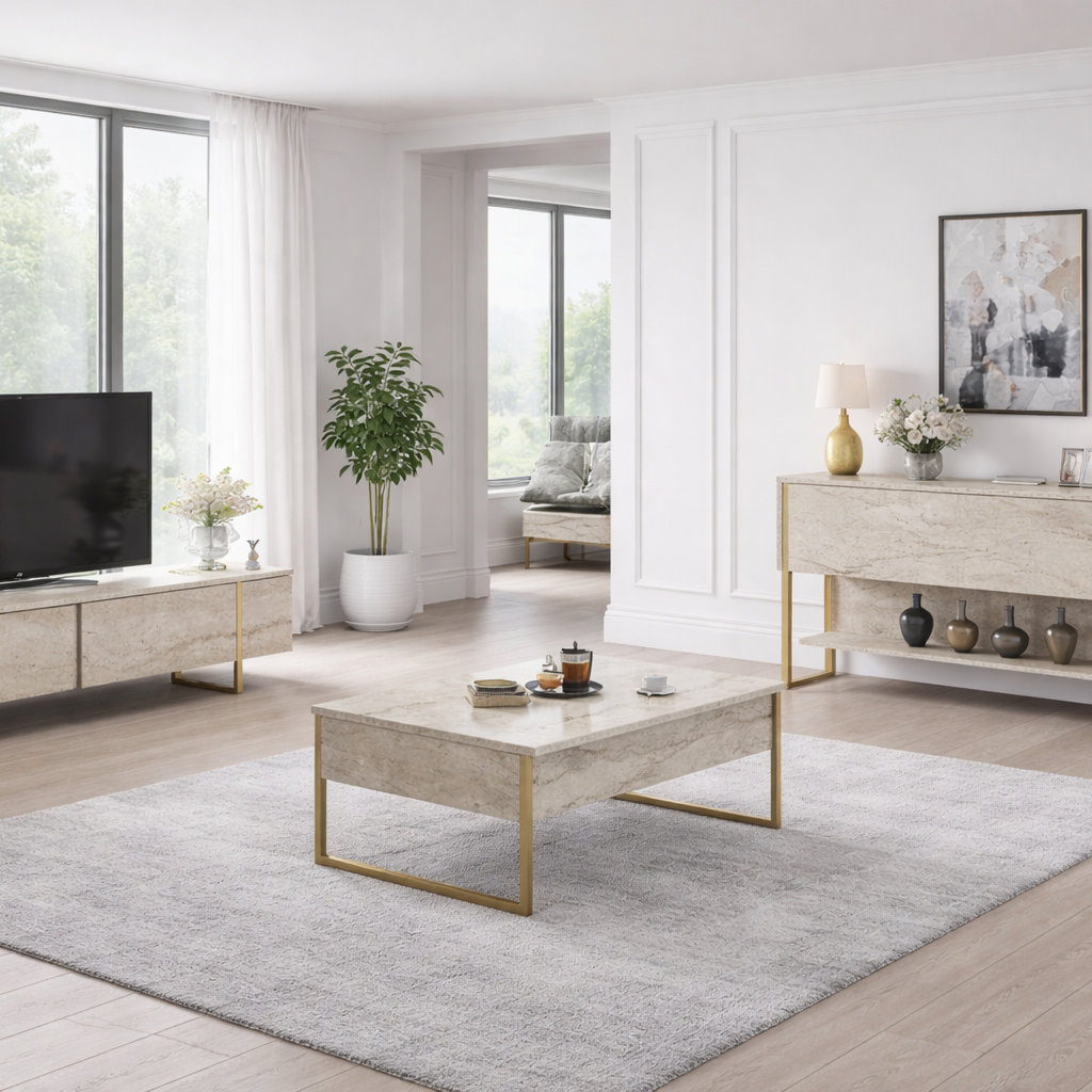 Modern Sideboard Travertine Luxury 120x80x30 - Golden Frame - One Compartment