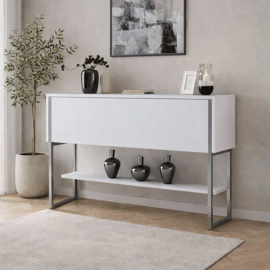 Modern Sideboard White Luxury 120x80x30 - Silver Frame - One Compartment