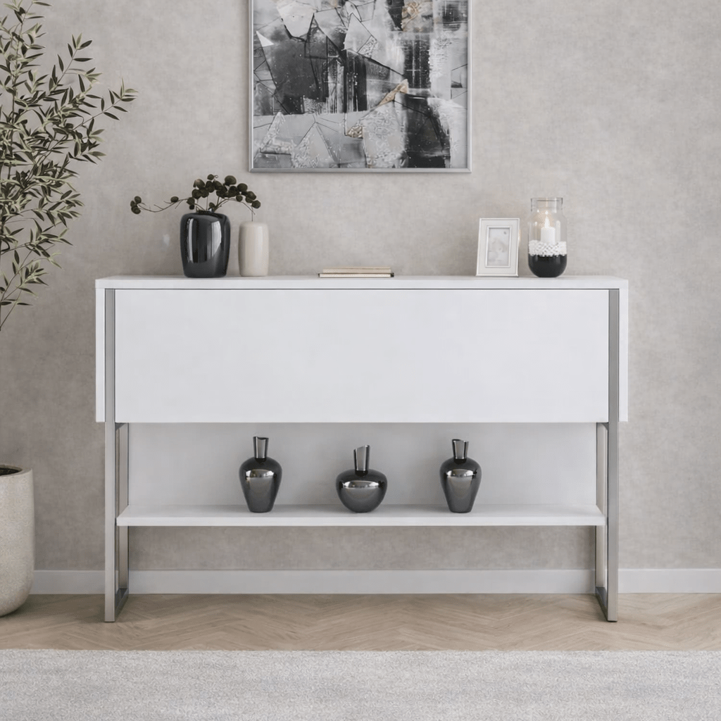 Modern Sideboard White Luxury 120x80x30 - Silver Frame - One Compartment