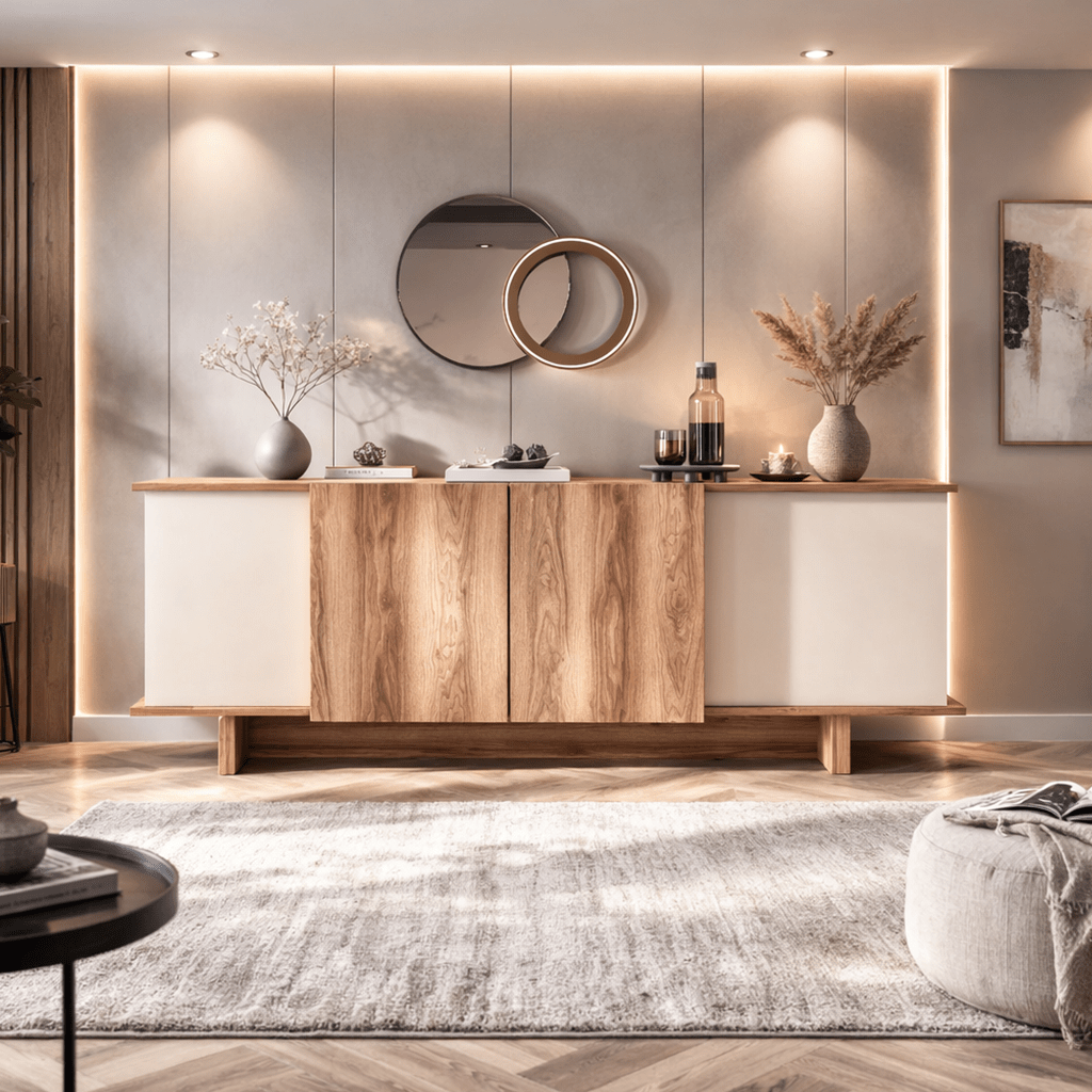 Modern Sideboard Sand–Walnut Look Melamine Diana 180 cm