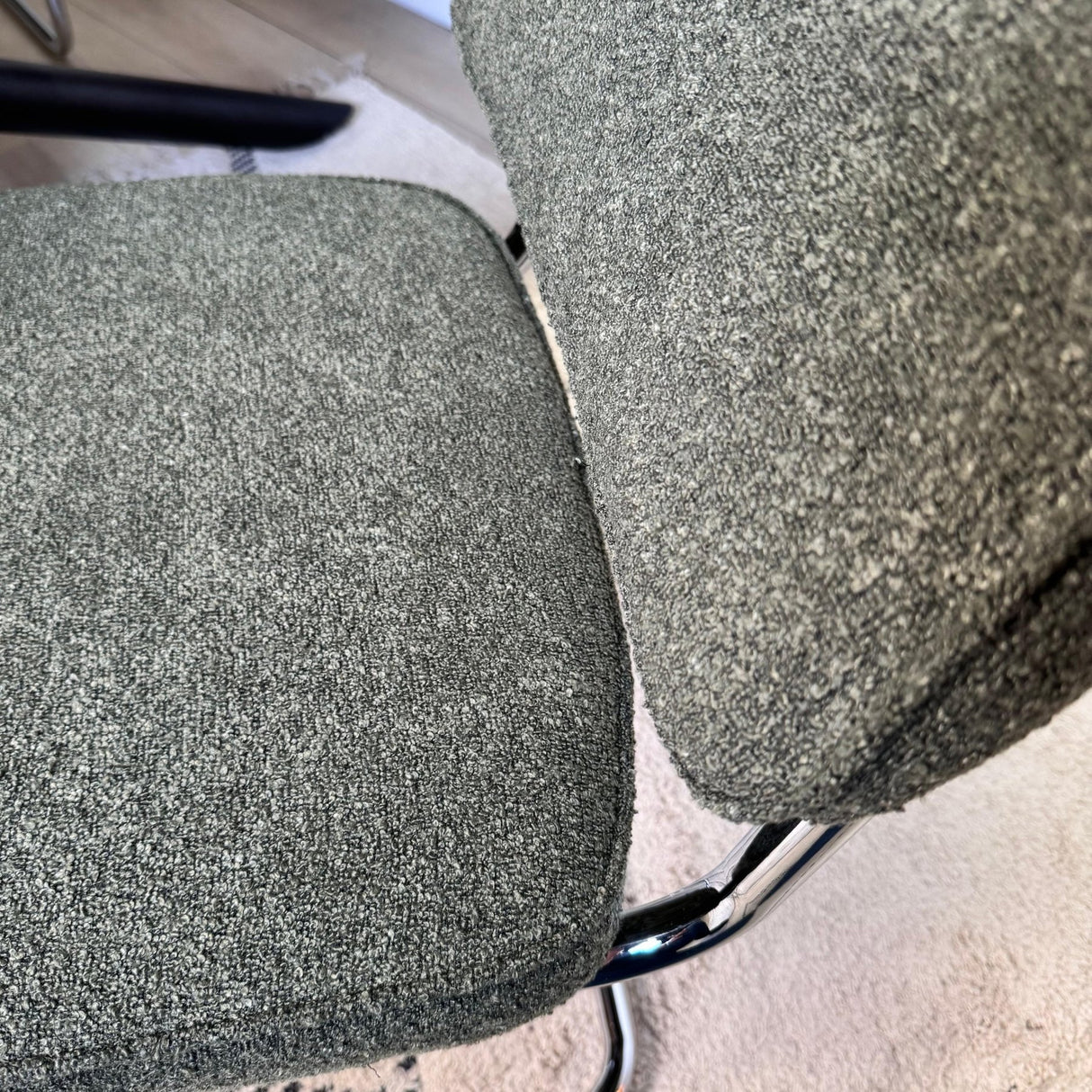 Modern Dining Chair Green Boucle Fabric Sway - Chrome Frame - Without Armrests