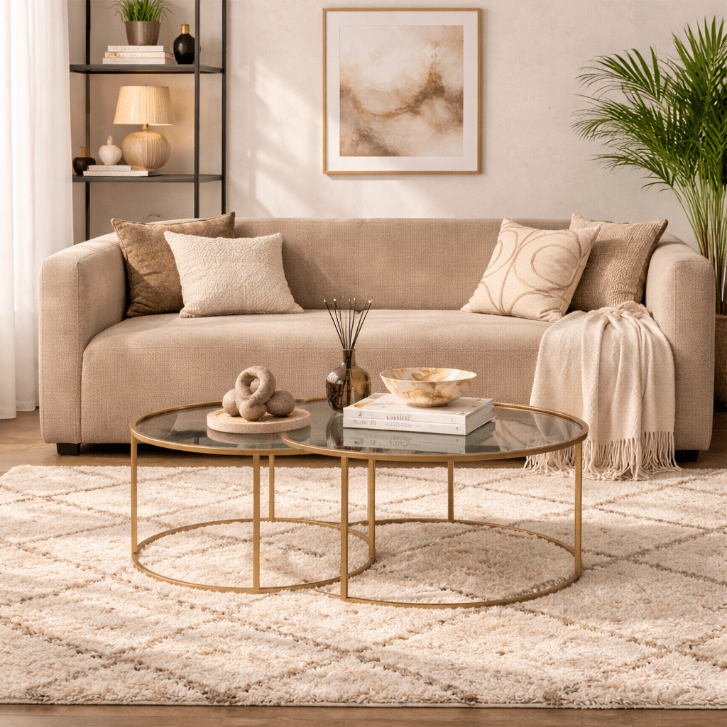 Modern Round Coffee Table Set of 2 Uru Gold - Bronze Glass - 80/60 cm