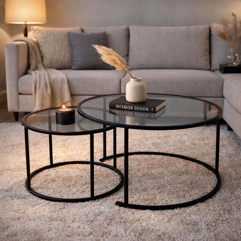 Modern Round Coffee Table Set of 2 Uru Black - Grey Glass - 80/60 cm