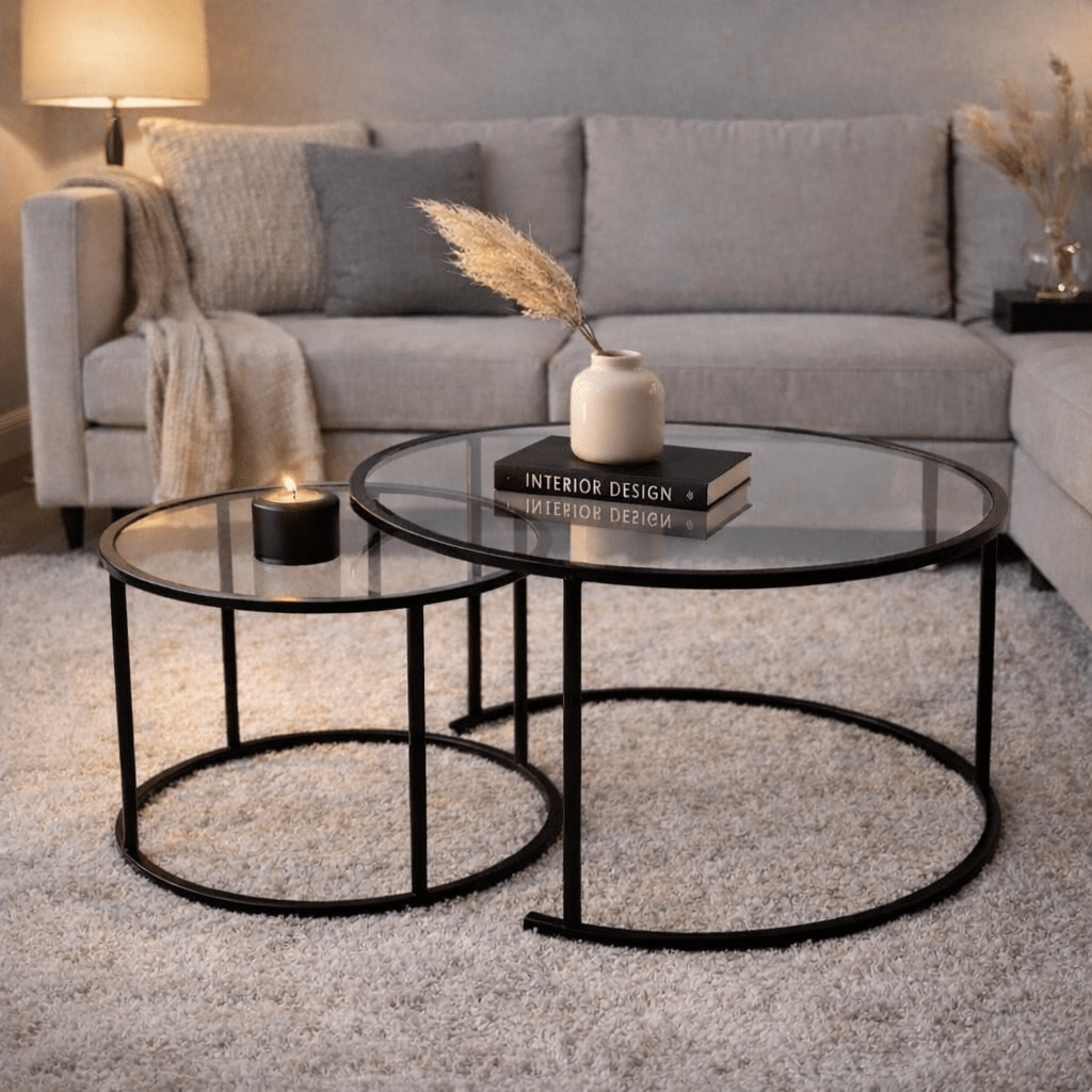 Modern Round Coffee Table Set of 2 Uru Black - Transparent Glass - 80/60 cm