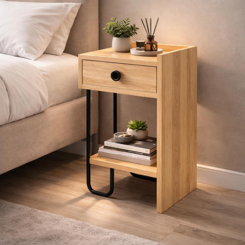 Bedside table Oak Melamine - With drawer - Right - 32x61x30 cm - Sirius