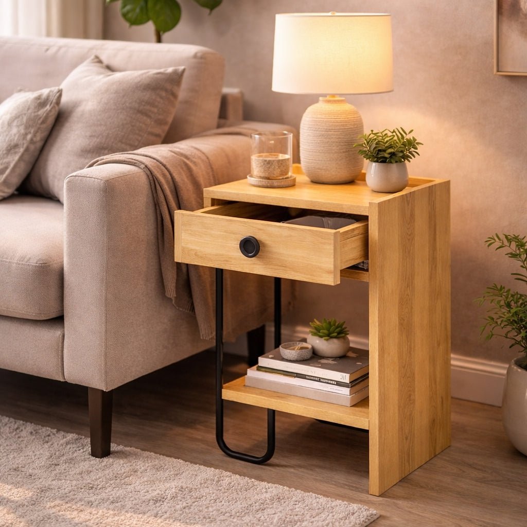 Bedside table Oak Melamine - With drawer - Right - 32x61x30 cm - Sirius