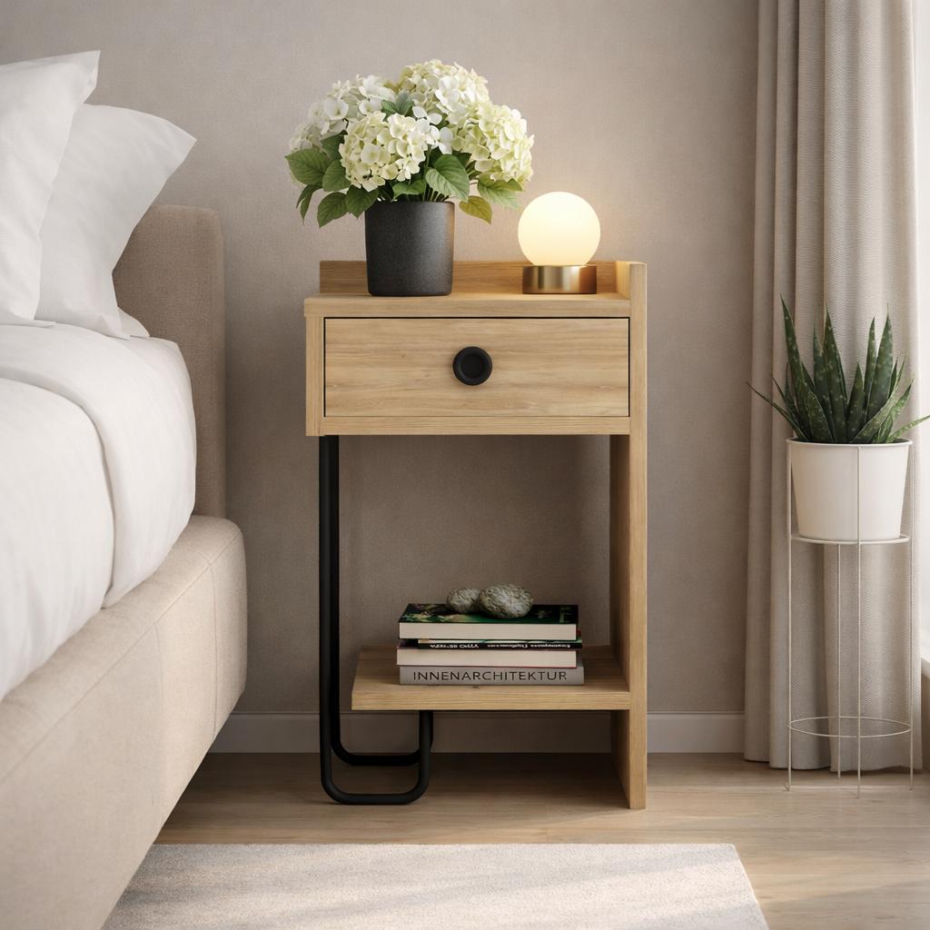Bedside table Oak Melamine - With drawer - Right - 32x61x30 cm - Sirius