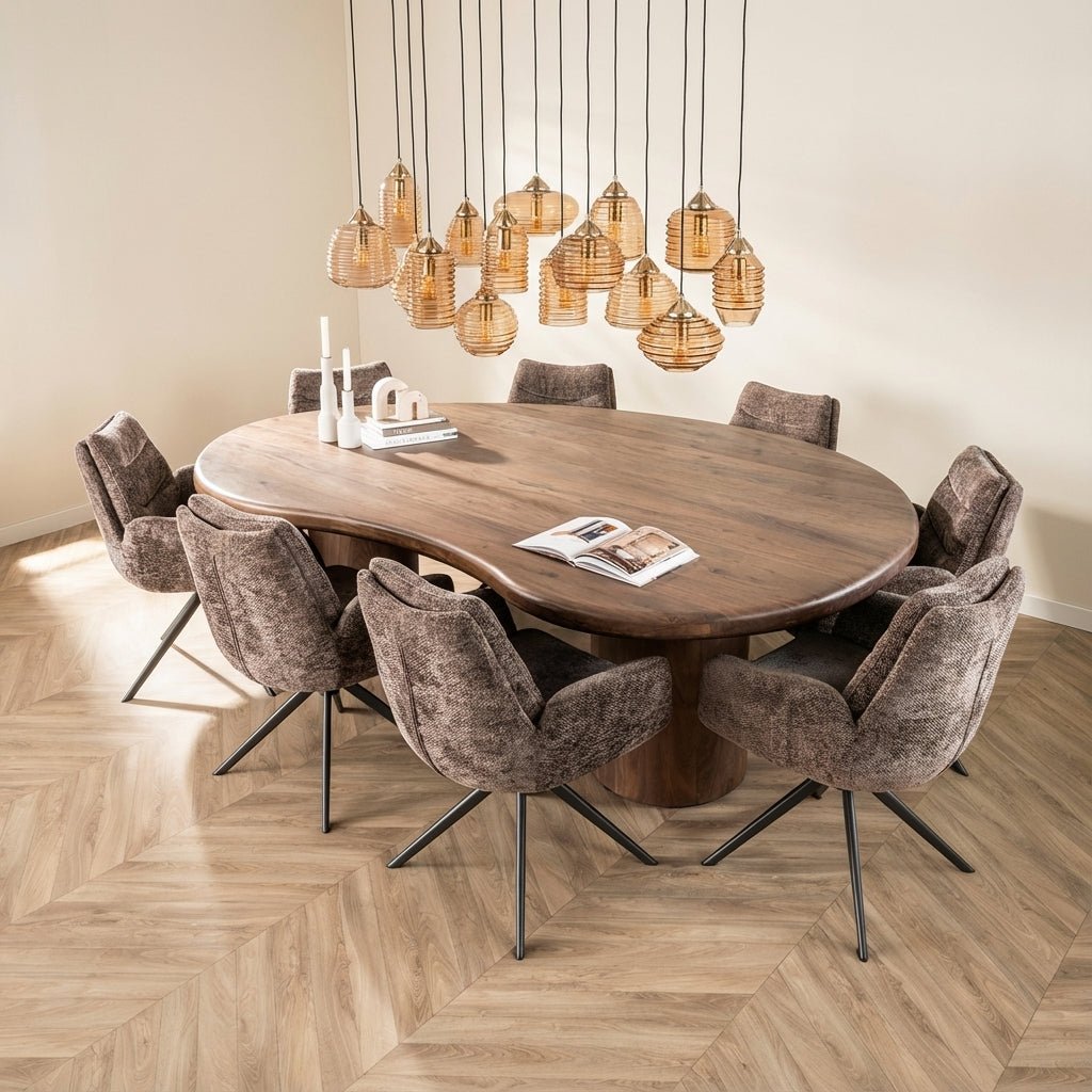 Organically Shaped Dining Table Alo Acacia Wood Brown 240x160 cm atmospheric photo in modern interior