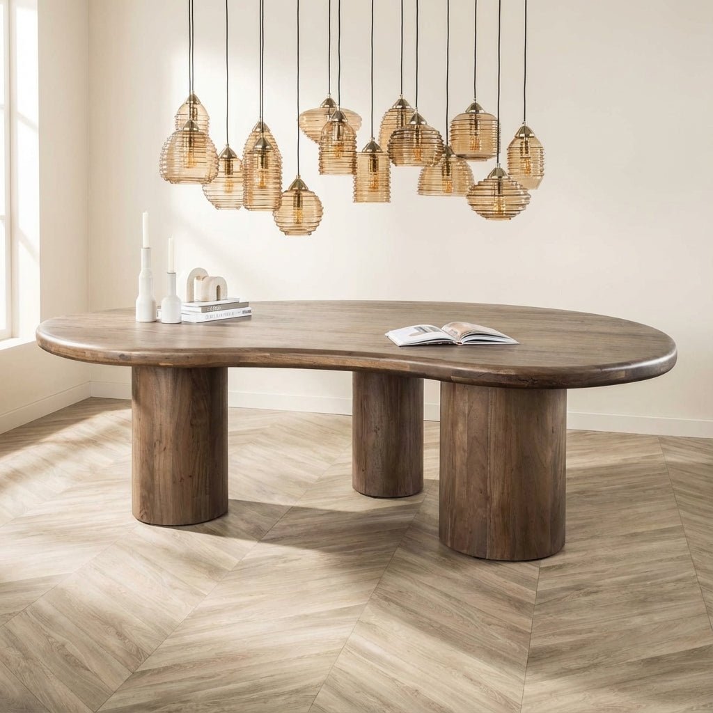 Organically Shaped Dining Table Alo Acacia Wood Brown 240x160 cm atmospheric photo in modern interior