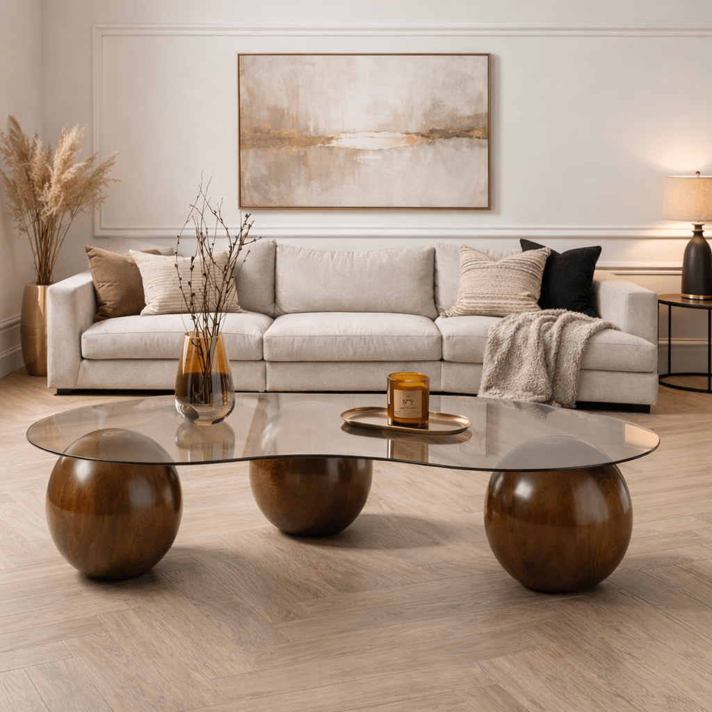 Organic coffee table bronze tinted glass walnut ball legs Sphere 120x70 cm