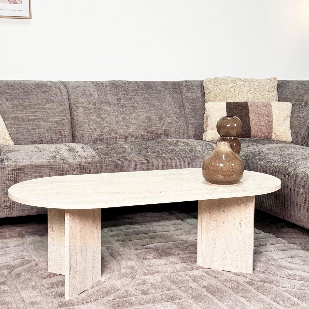 Oval Coffee Table Travertine look Sabla - 119x60