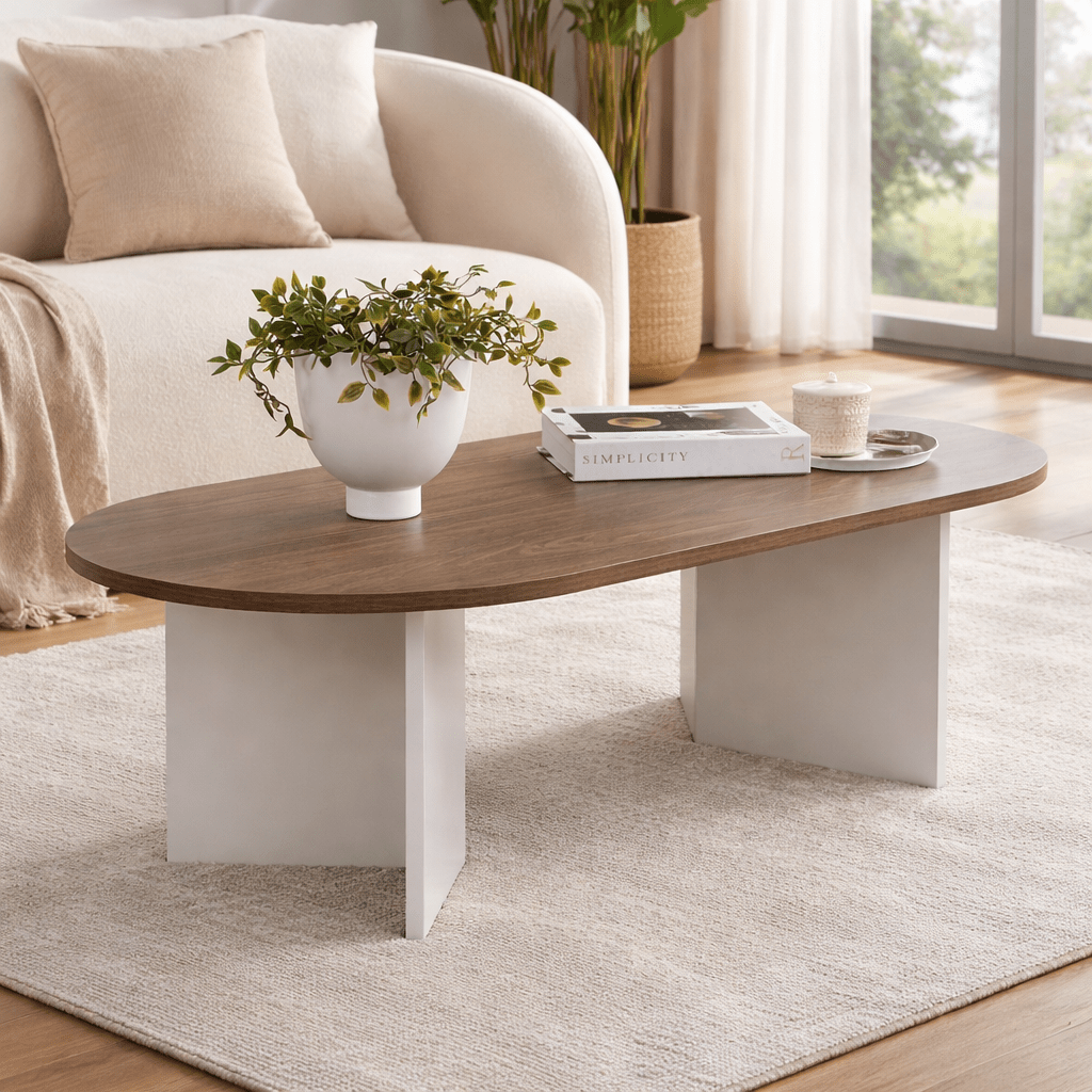 Oval Coffee Table Walnut Look - White Leg - Sabla - 119x60