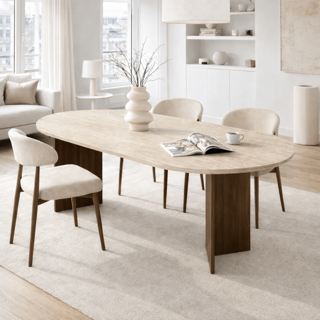 Eettafels - Ovale eettafel travertin blad - walnoot melamine - 180x89,5x75 cm - Sota - Dimehouse