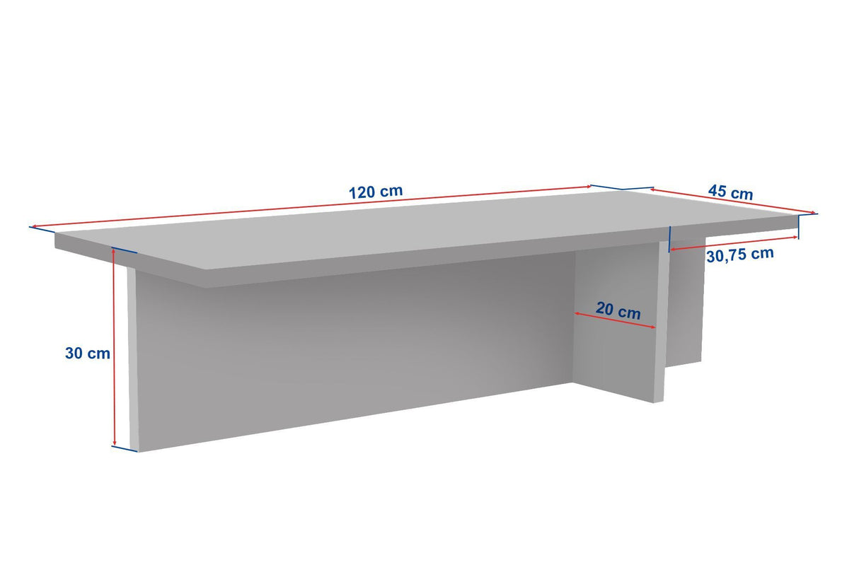 white photo with dimensions of rectangular coffee table travertine look table top with walnut look frame