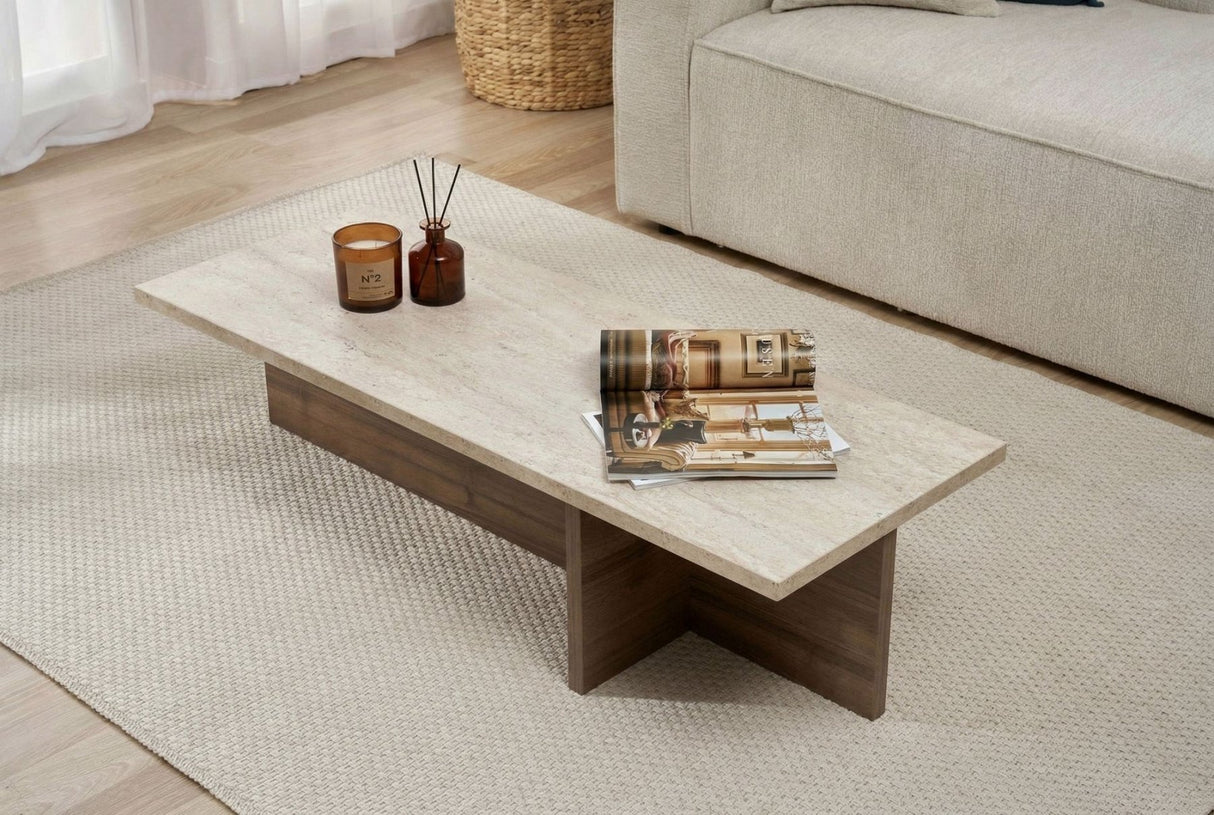 Modern rectangular coffee table with travertine top and walnut melamine base. Dimensions: 120 x 45 x 30 cm.