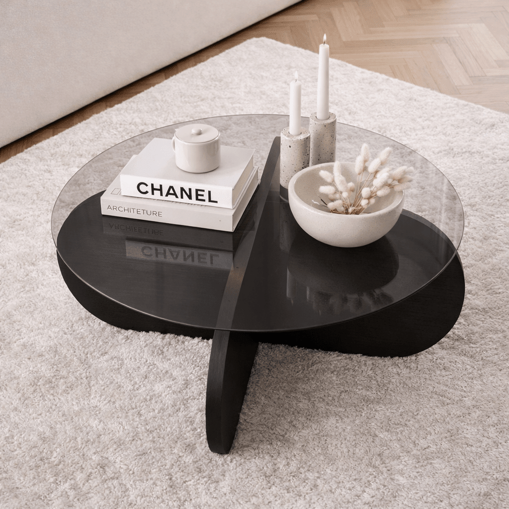 Round coffee table Aris black melamine and transparent glass 75 cm