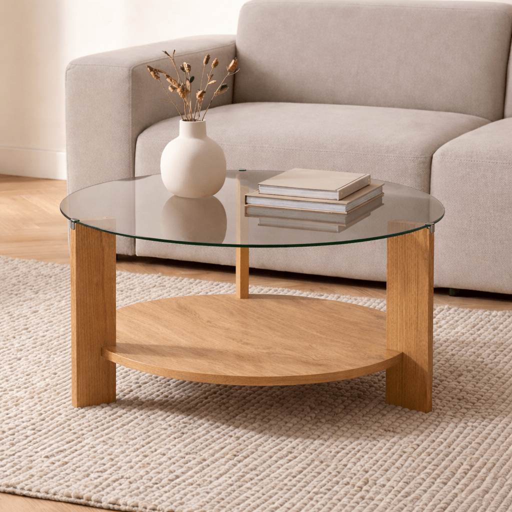 Cairo Coffee Table Round Ø75 cm Sapphire Oak - Smoke Glass Fume 75x75 cm