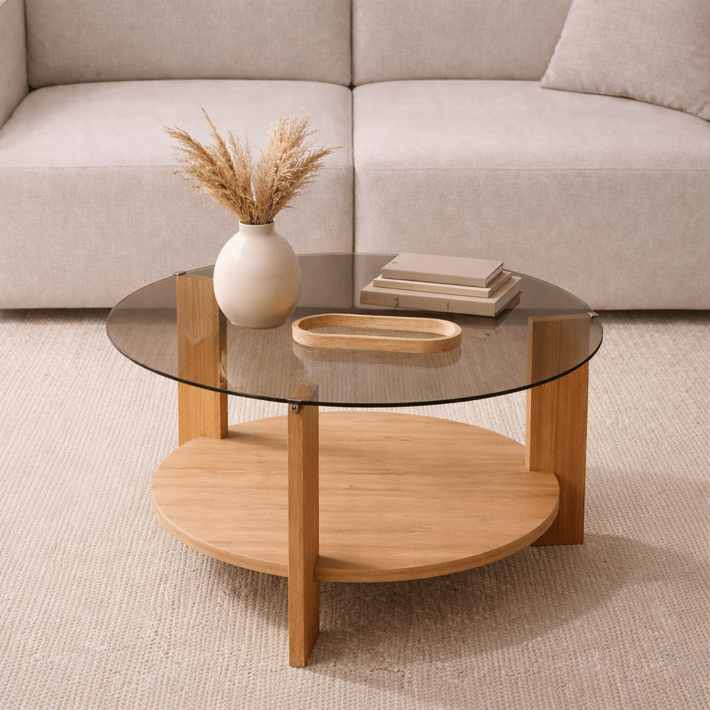 Cairo Coffee Table Round Ø75 cm Sapphire Oak - Smoke Glass Fume 75x75 cm