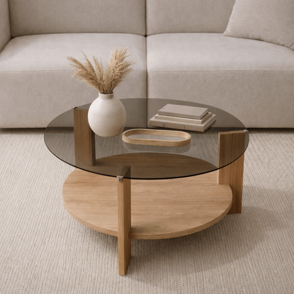 Cairo Coffee Table Round Ø75 cm Sapphire Oak - Smoke Glass Fume 75x75 cm