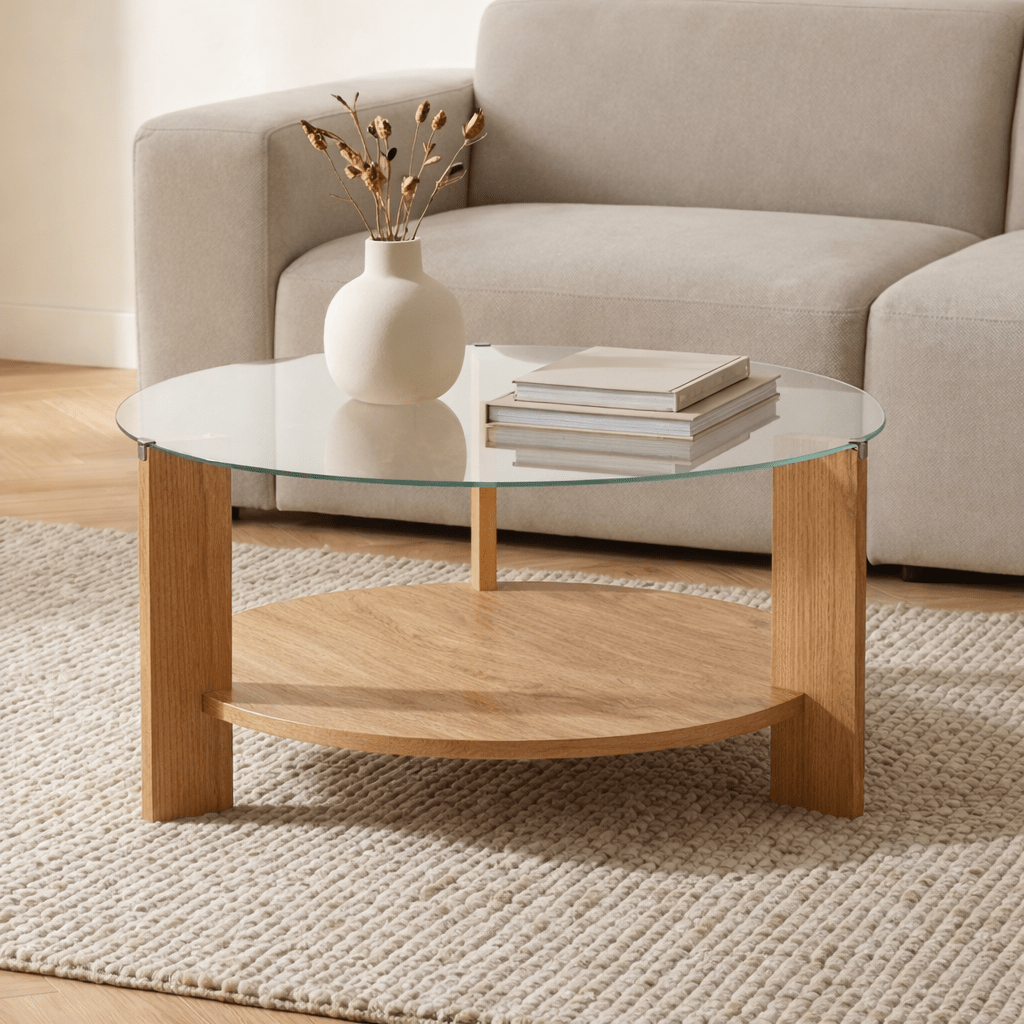 Round coffee table oak melamine transparent glass Ø75 cm - Cairo