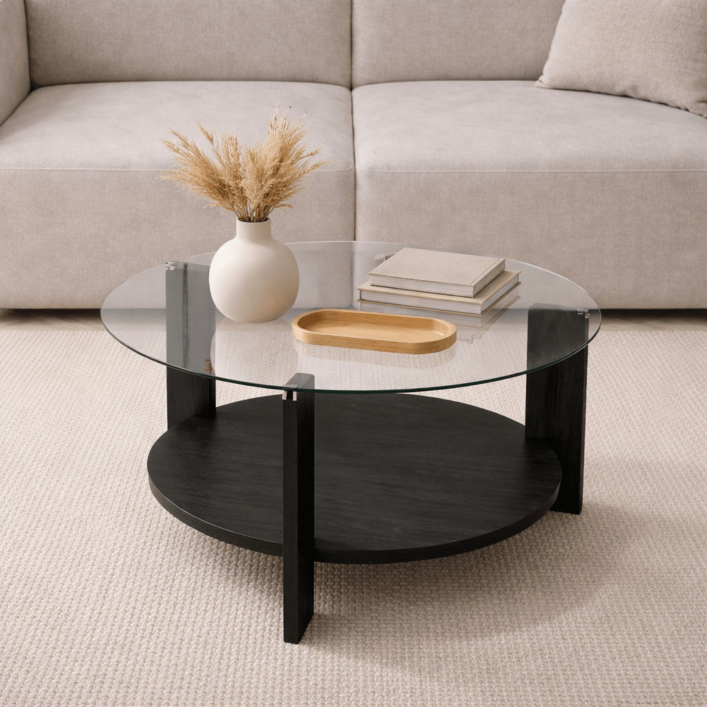 Cairo Coffee Table Round Ø75 cm Black Wood - Smoke Glass 75x75 cm