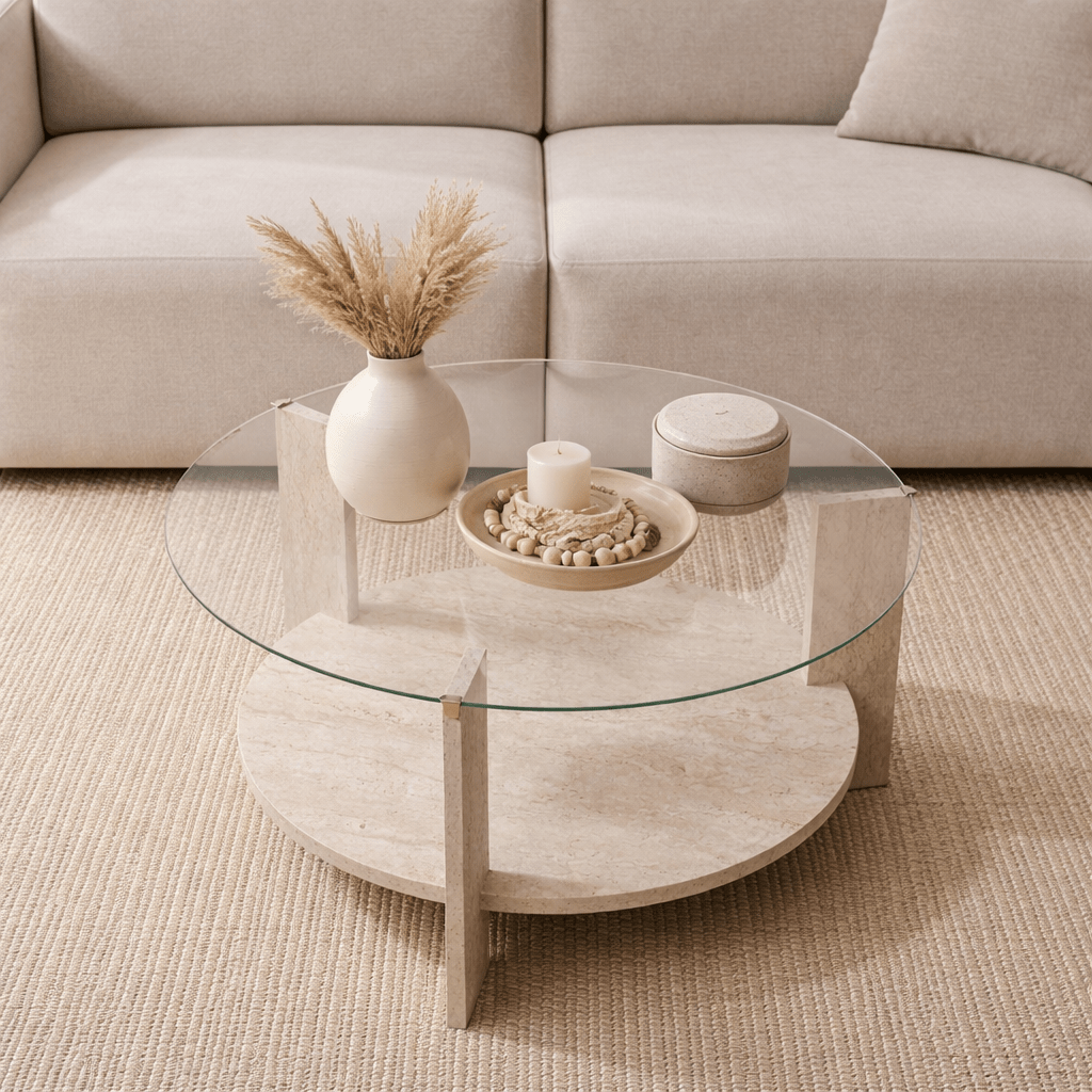 Round coffee table travertine melamine transparent glass Ø75 cm - Cairo