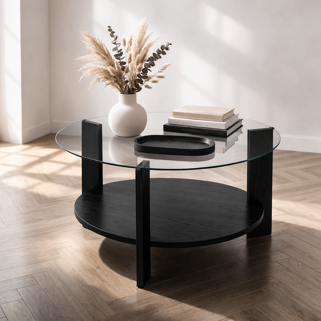 Cairo Coffee Table Round Ø75 cm Black Wood - Smoke Glass 75x75 cm