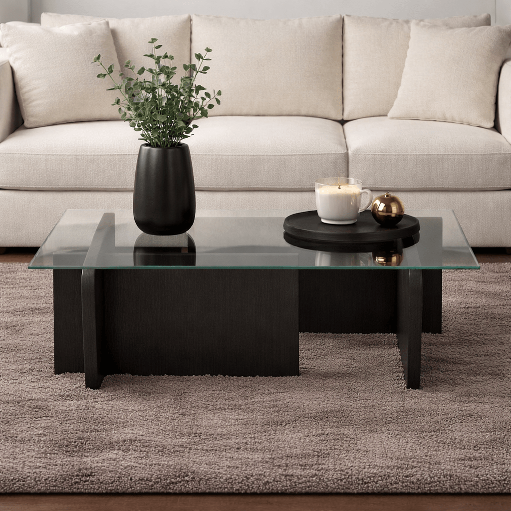 Coffee Table Black Wood Melamine Glass Opal 105x65x30 cm