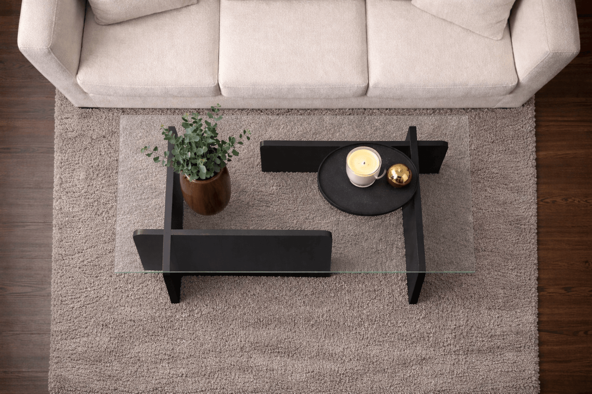 Coffee Table Black Wood Melamine Glass Opal 105x65x30 cm