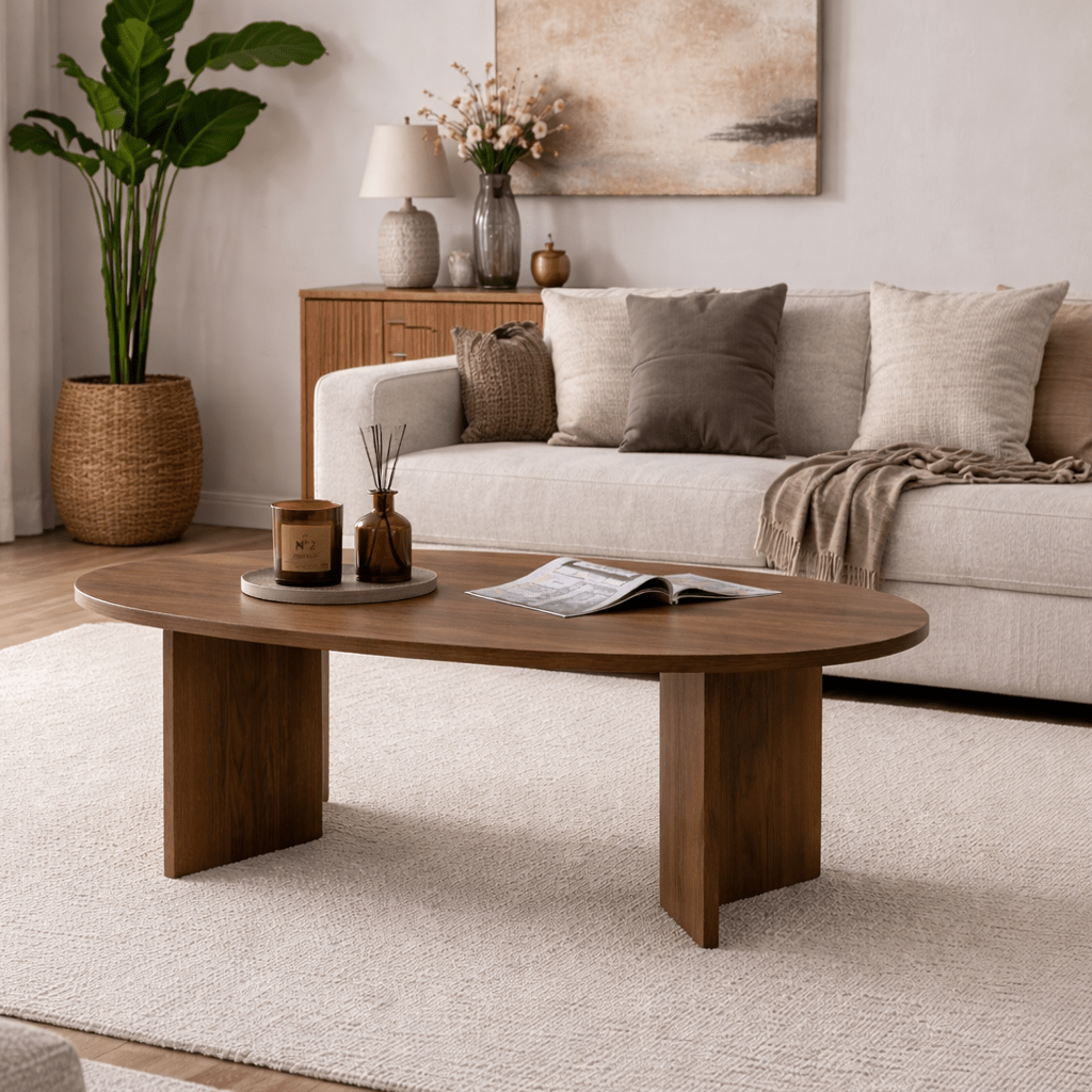 Coffee table walnut melamine arc shape Koda 119x60 cm