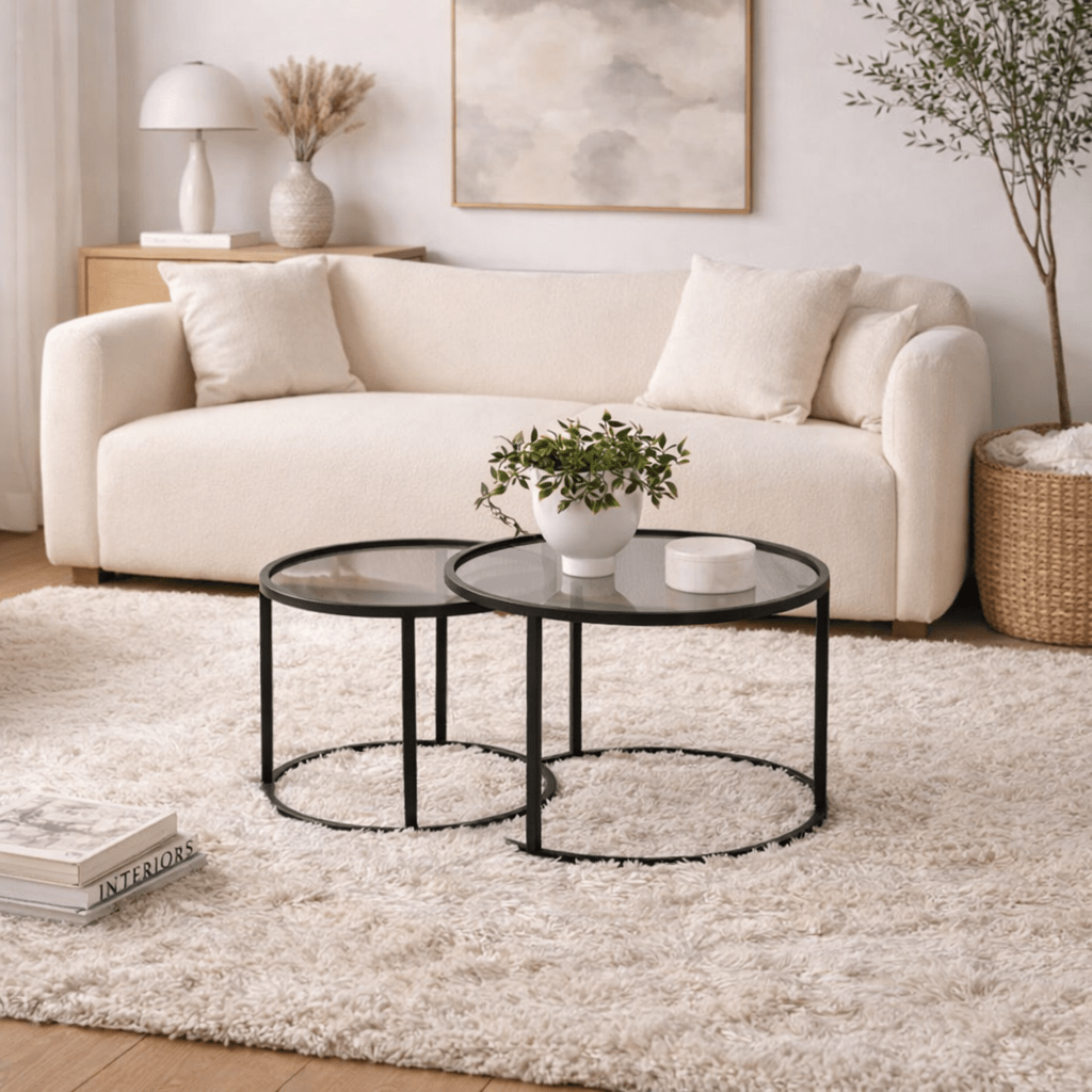 Coffee table set of 2 Round Glass - Black Frame - 60, 42 cm
