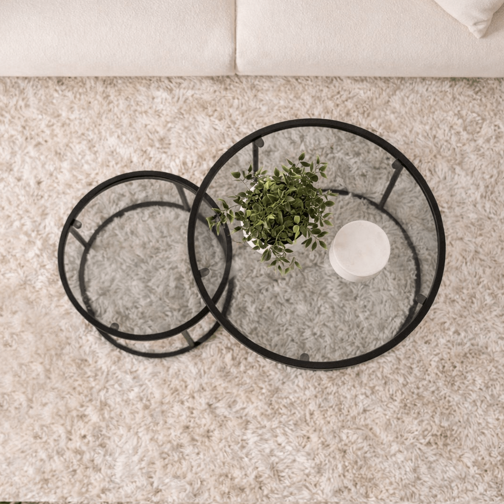 Coffee table set of 2 Round Glass - Black Frame - 60, 42 cm