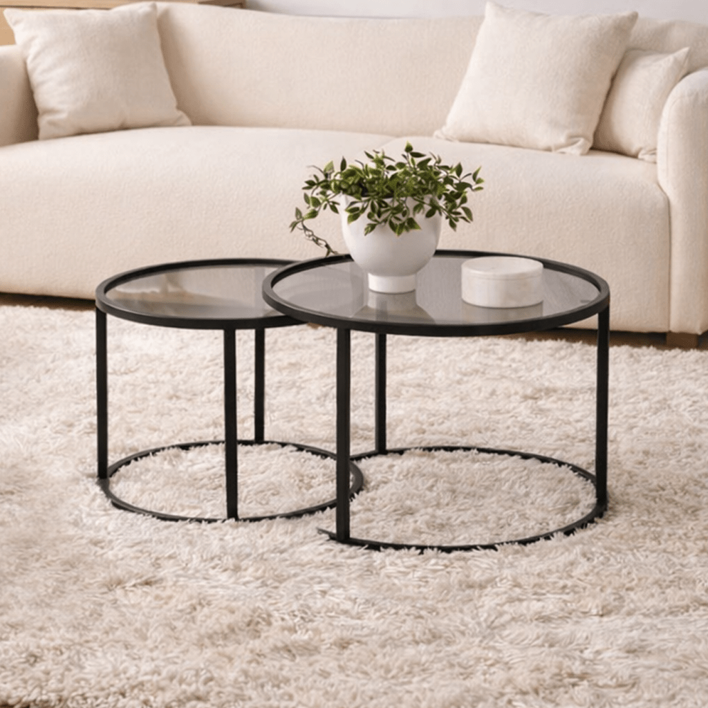 Coffee table set of 2 Round Glass - Black Frame - 60, 42 cm