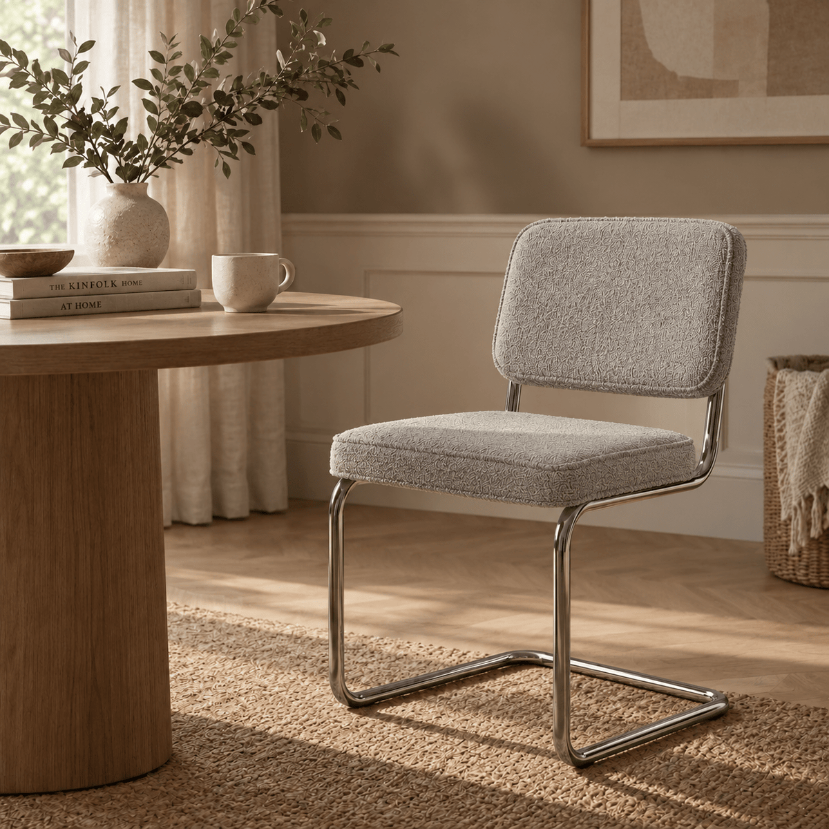 Eetkamerstoelen-Moderne Eetkamerstoel Zandkleur Bouclé Stof Sway - Chrome Frame - Zonder Armleuningen-Dimehouse